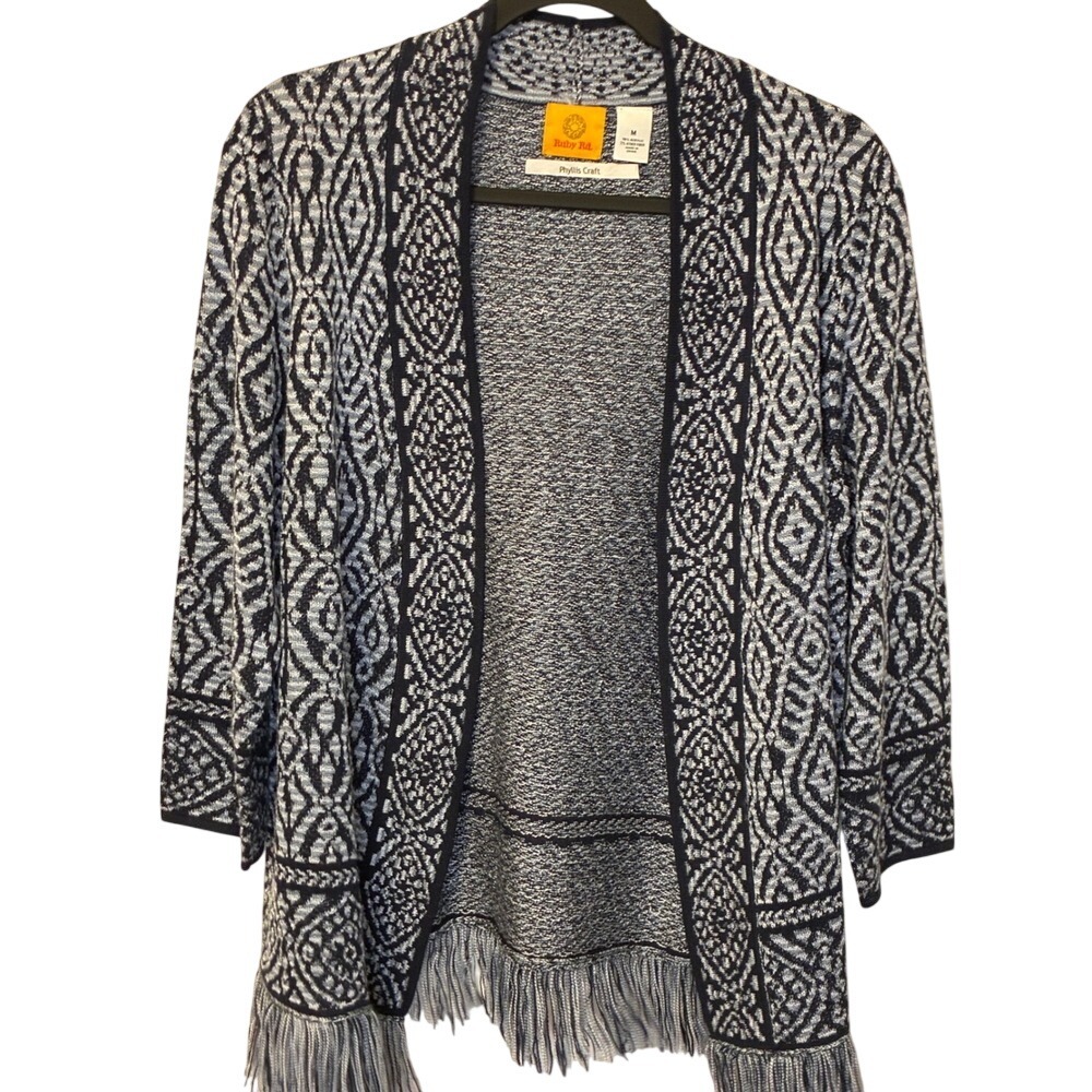 Ruby Rd Phyllis Craft Navy Blue White Geometric Fringe Open Front Cardigan M